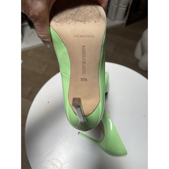 Manolo Blahnik Neon Pastel Green Pumps Heels 39 1/2 Thin Tall Square Stick Heel - Picture 10 of 10